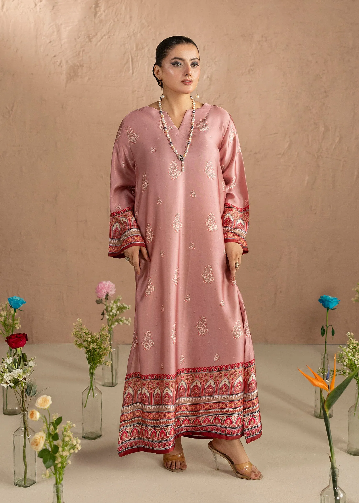 Silk Charmeuse Kaftan in Rose Pink