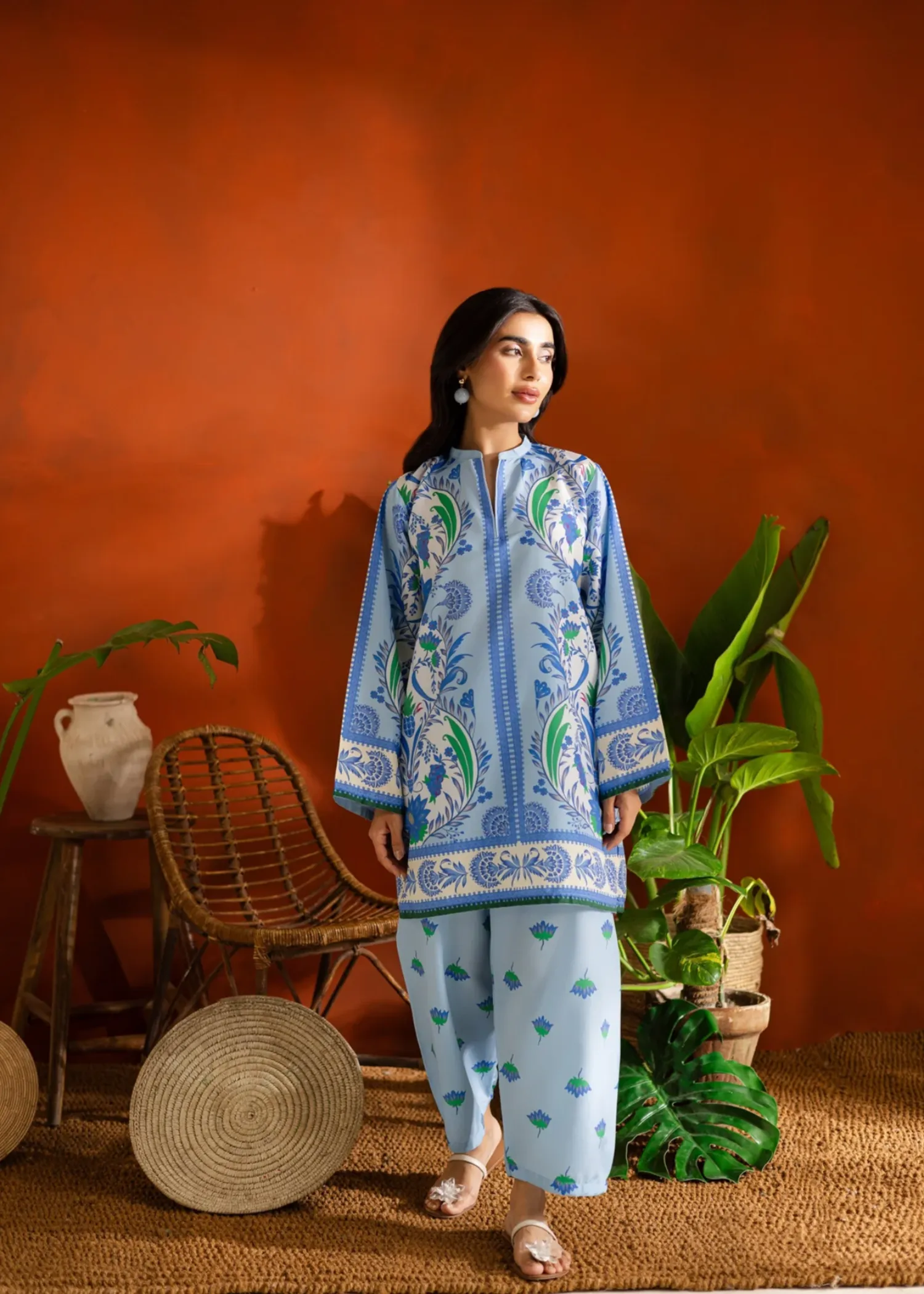 Poly Lawn Kurta Set in Sky Blue