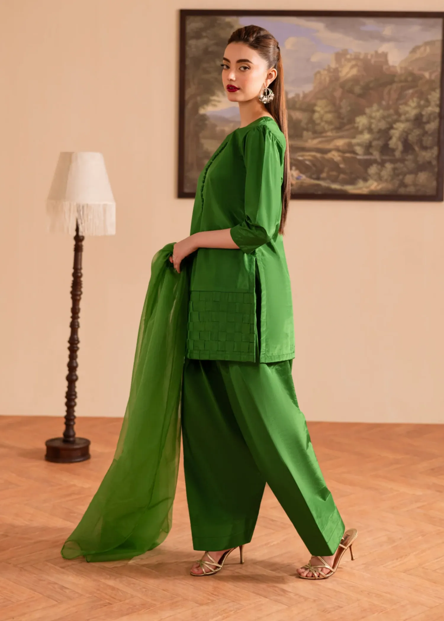 Poly Silk Kurta Set in Green