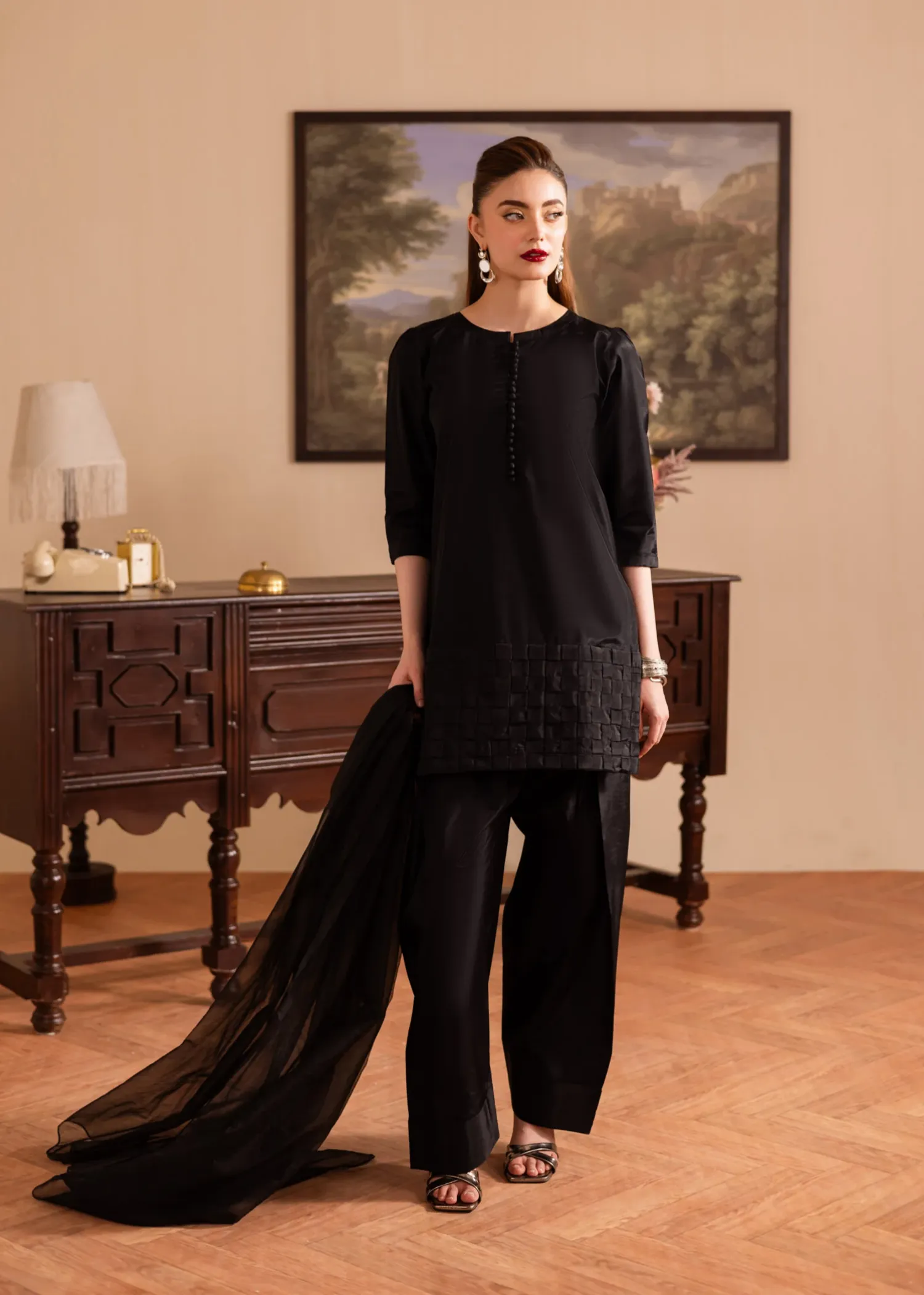 Poly Silk Kurta Set in Black