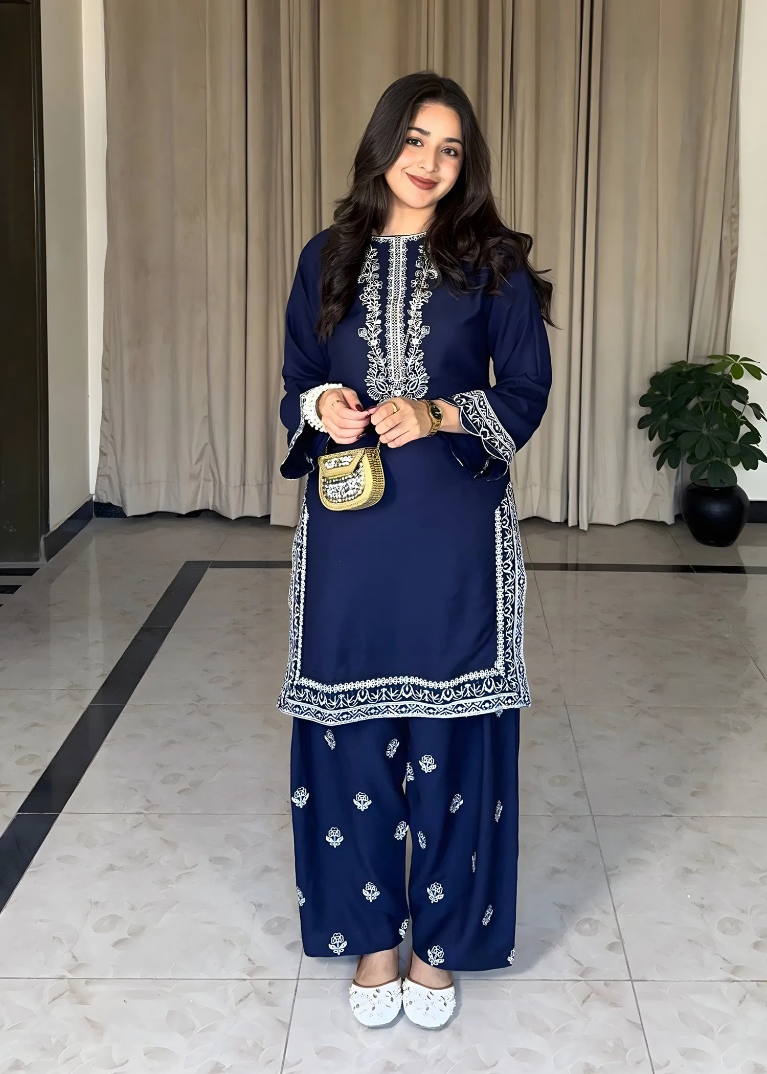 Lawn Kurta Set in Navy Blue