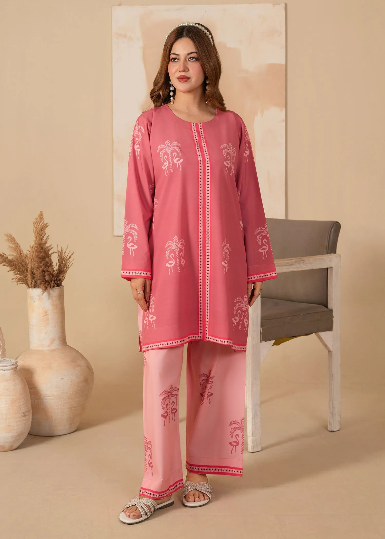 Poly Lawn Kurta Set in Pink