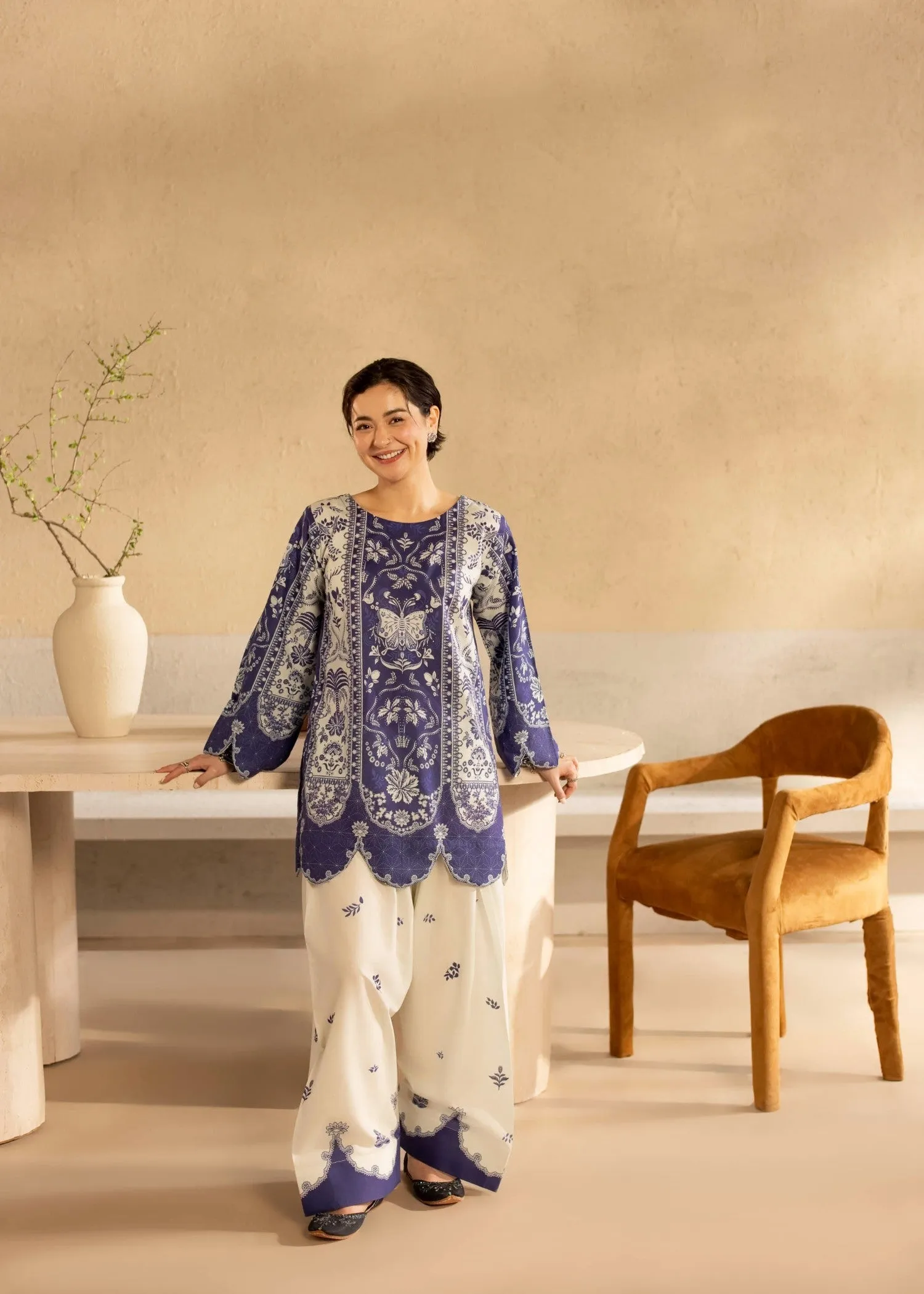 Poly Lawn Kurta Set in Navy Blue