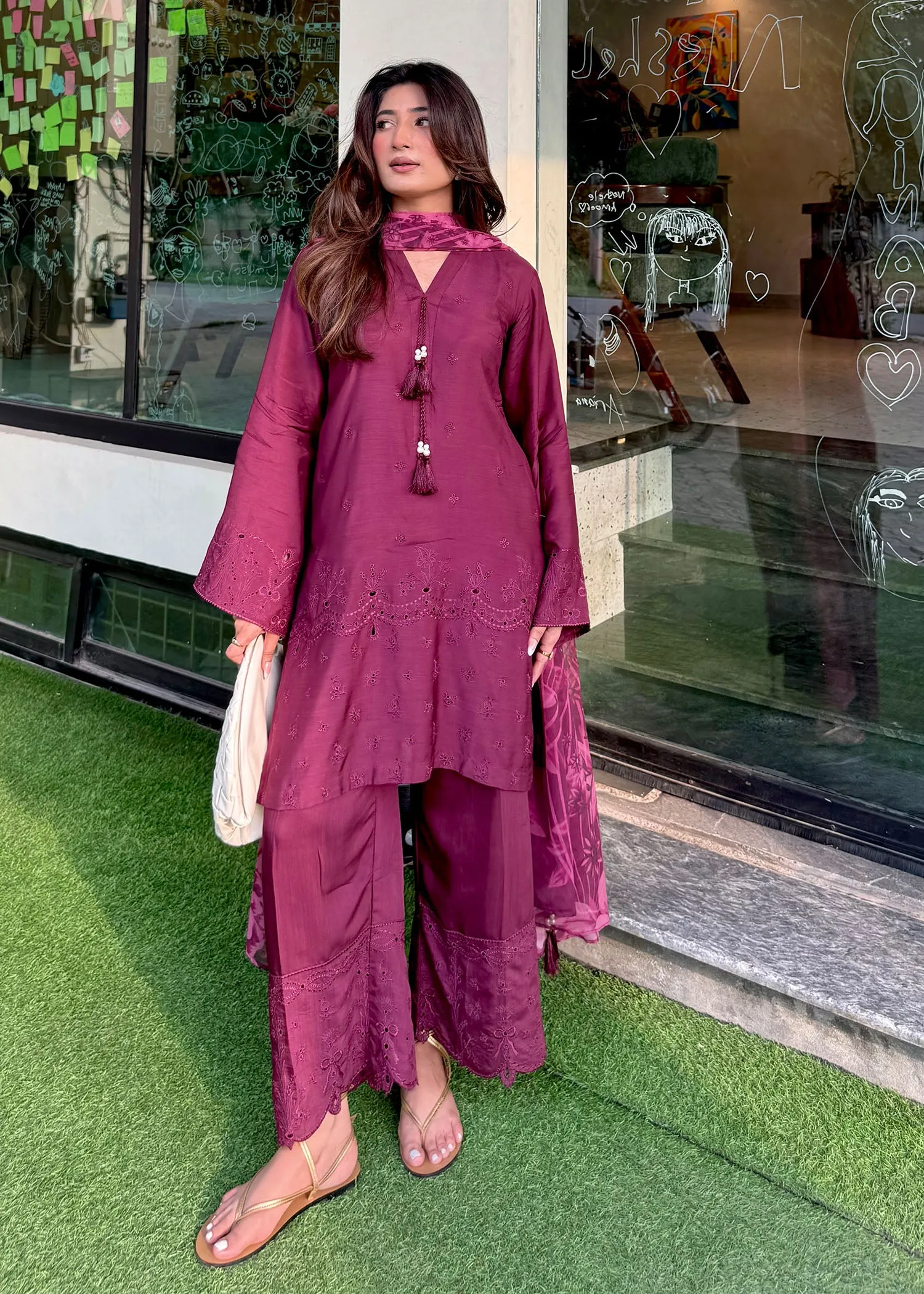 Embroidered Kurta Set in Plum