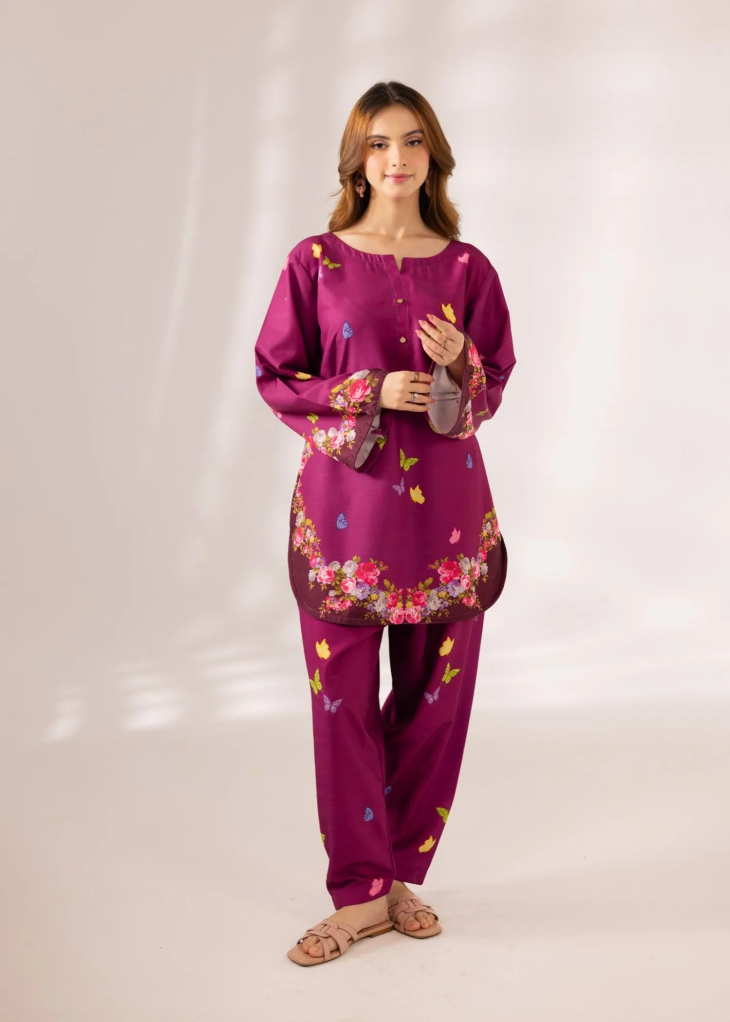 Slub Khaddar Co-ord Set in Violet Red
