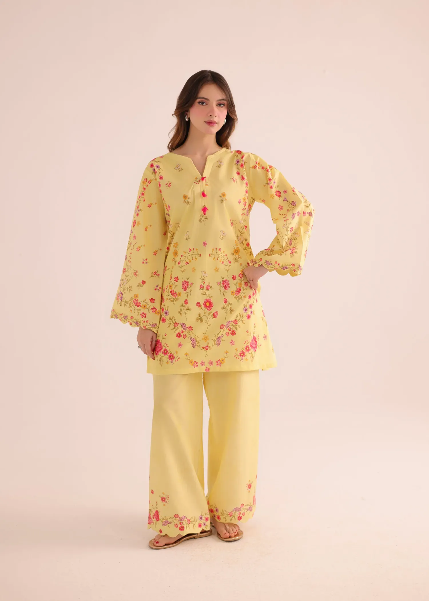 Poly Lawn Kurta Set in Yellow