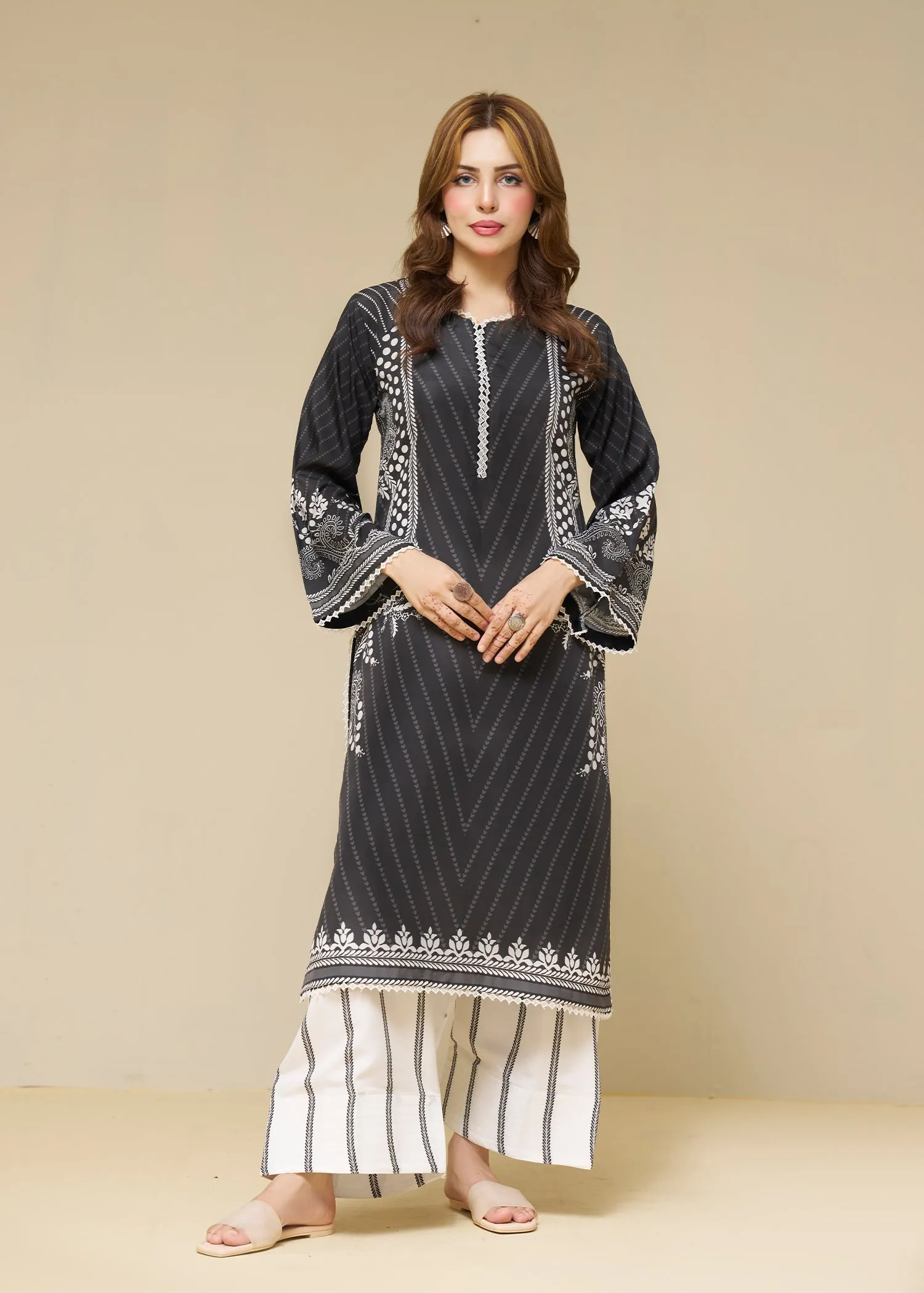 Poly Lawn Kurta Set in Black