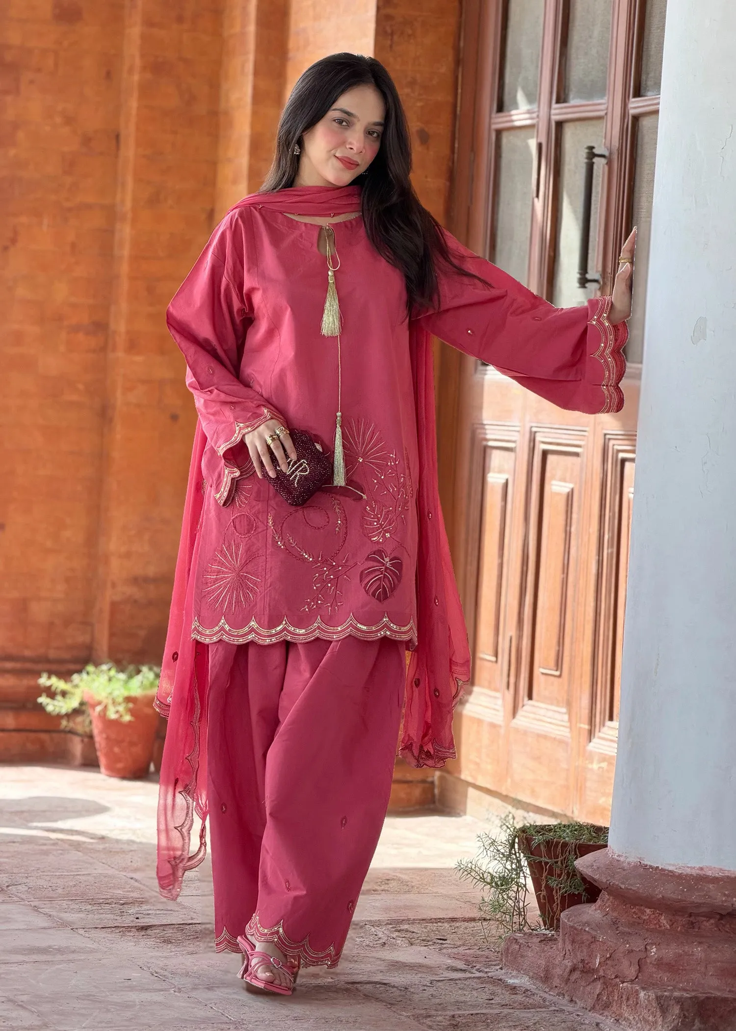Raw Silk Kurta Set in Hot Pink