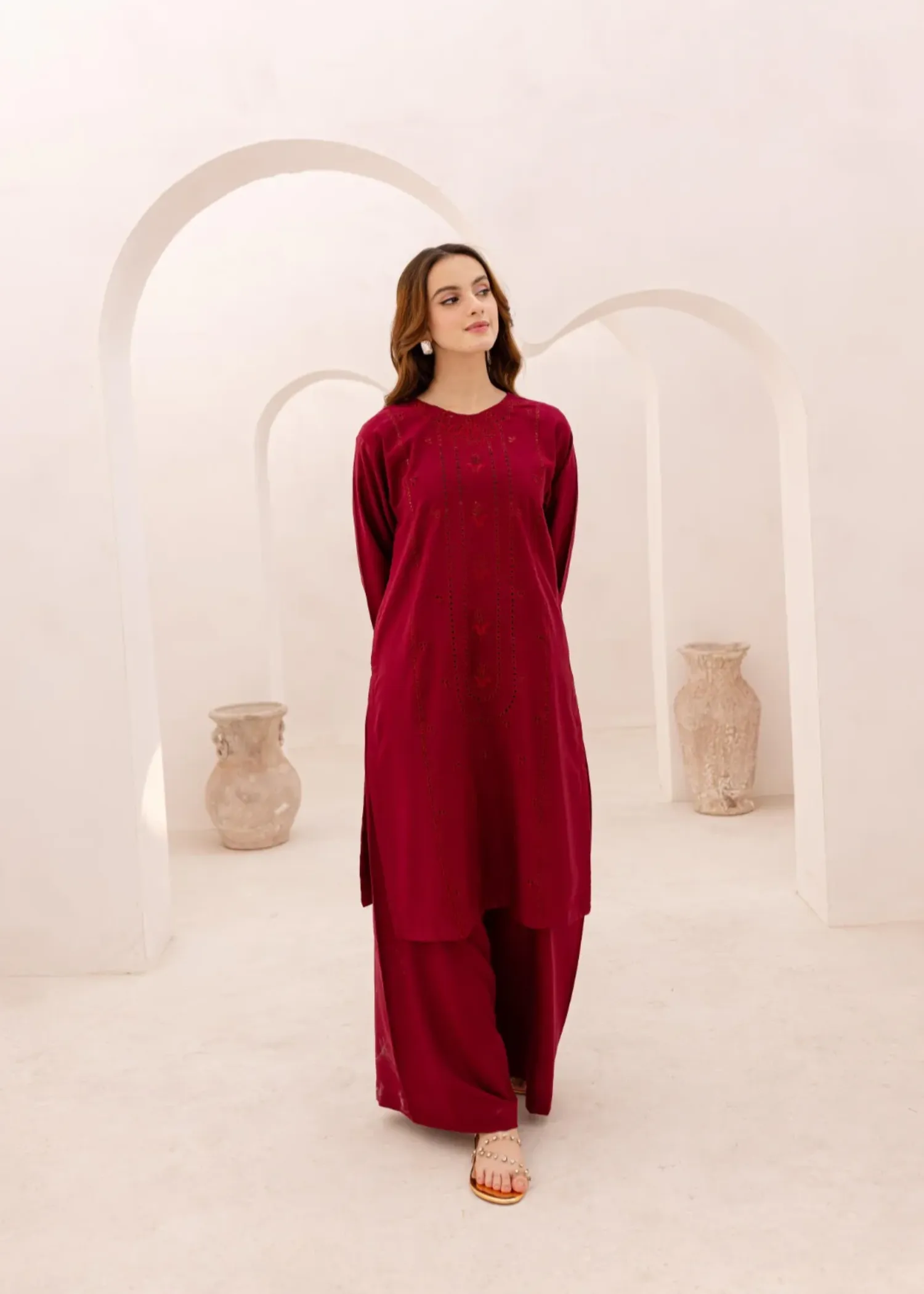 Cotton Kurta Set in Maroon
