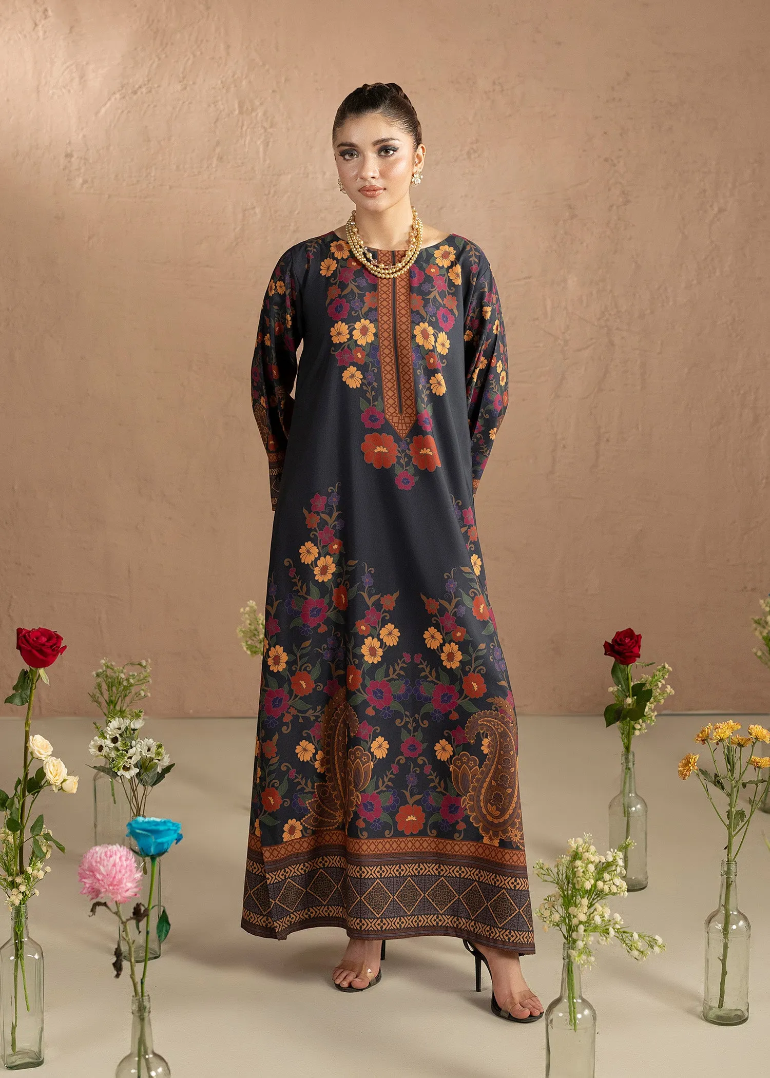 Silk Charmeuse Kaftan in Black