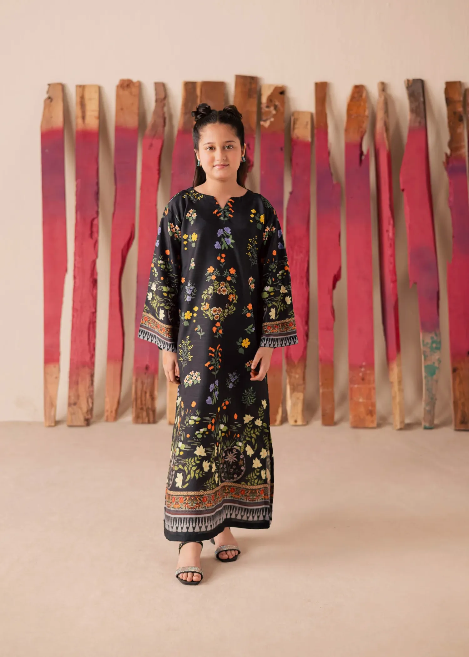 Raw Silk Kaftan in Black