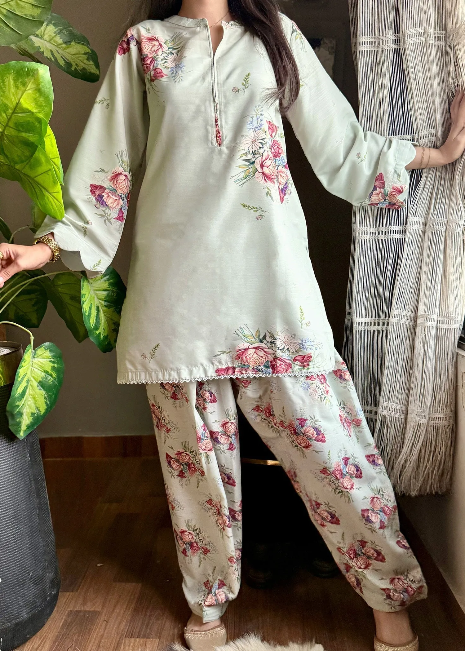 Raw Silk Kurta Set in Mint Green