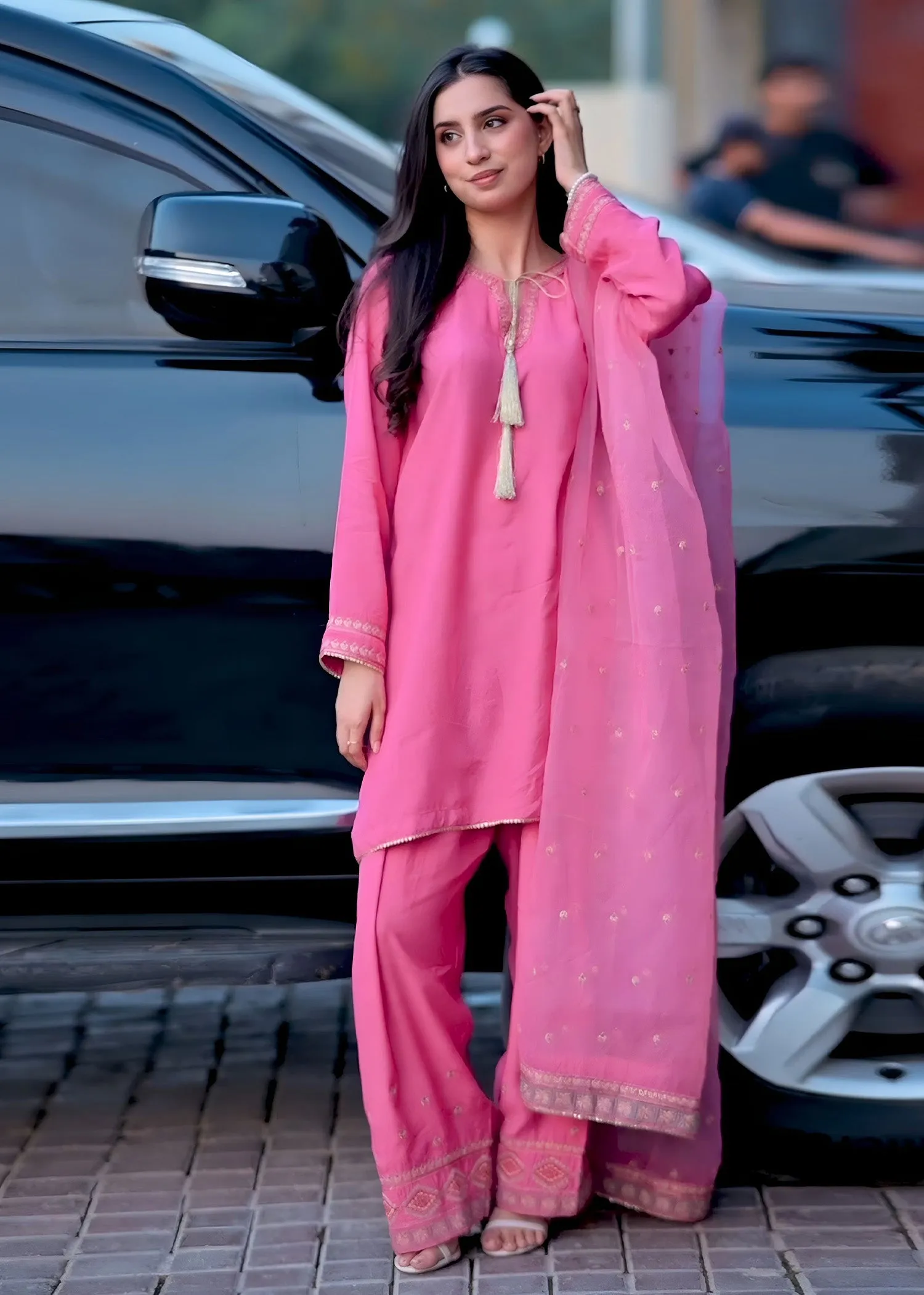 Embroidered Kurta Set in Hot Pink