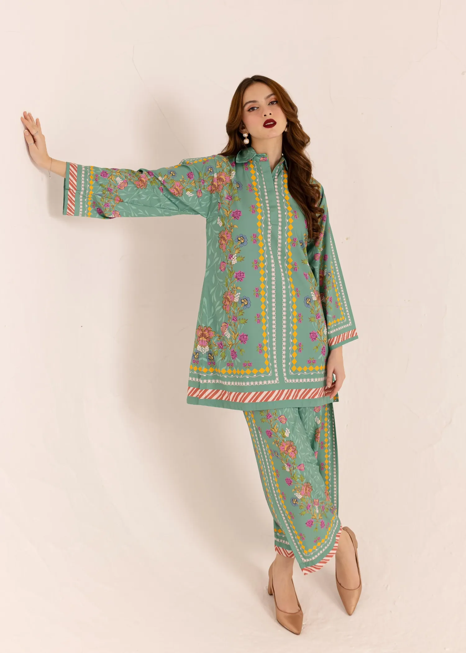 Poly Lawn Co-ord Set in Moss Green