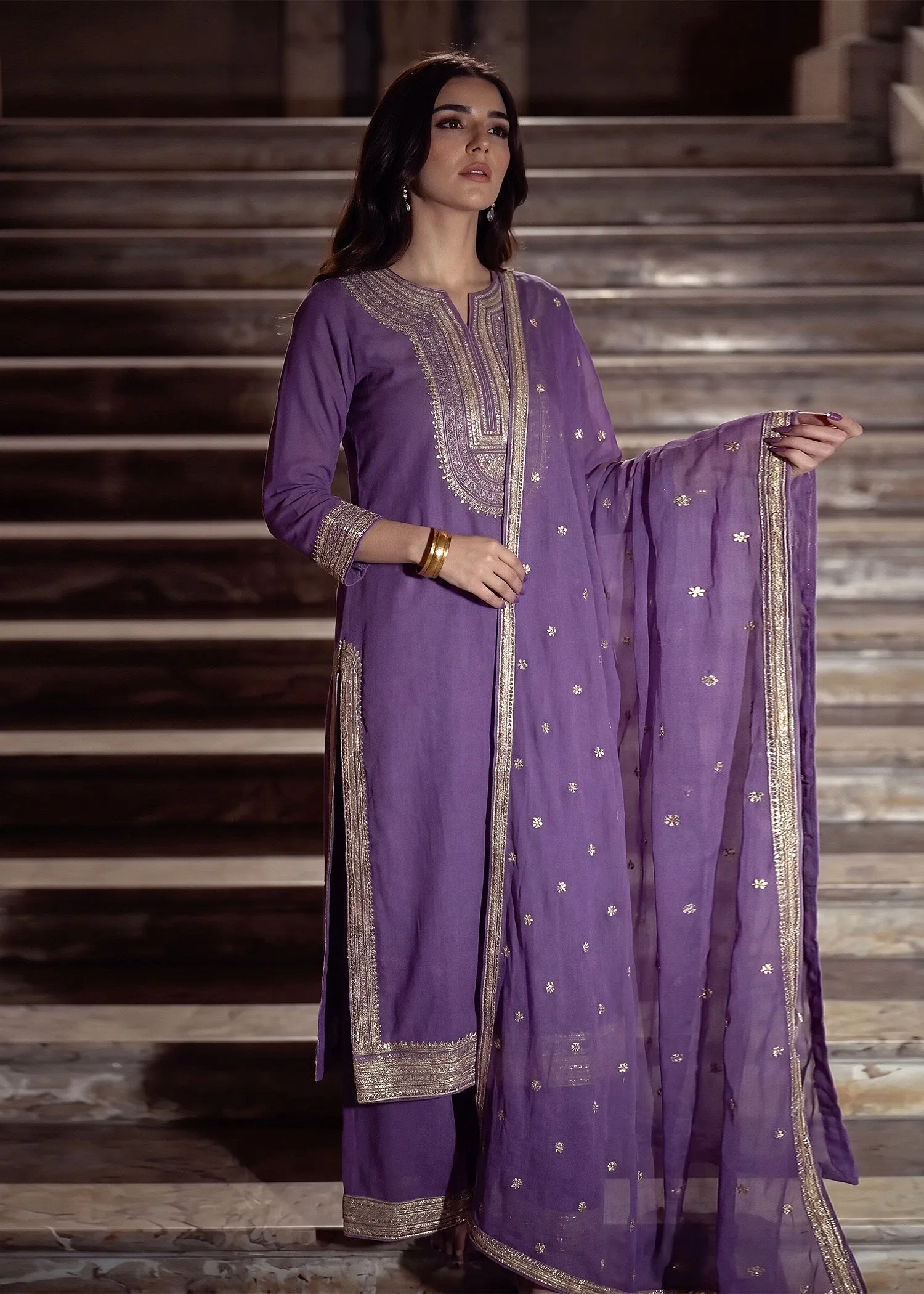 Embroidered Kurta Set in Purple Heart