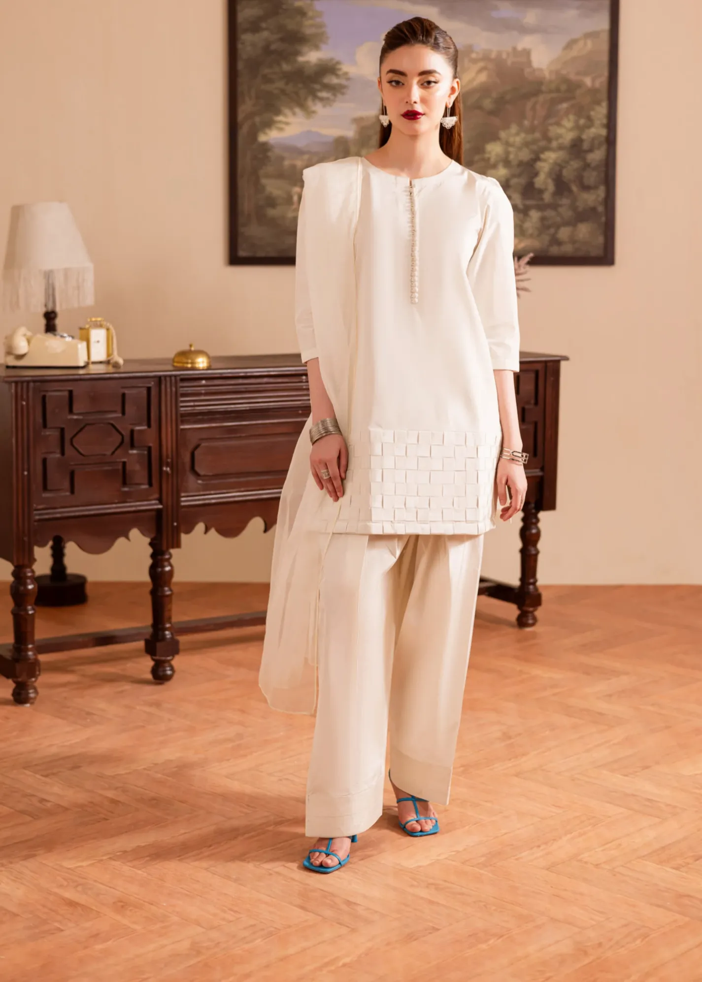 Poly Silk Kurta Set in Cream