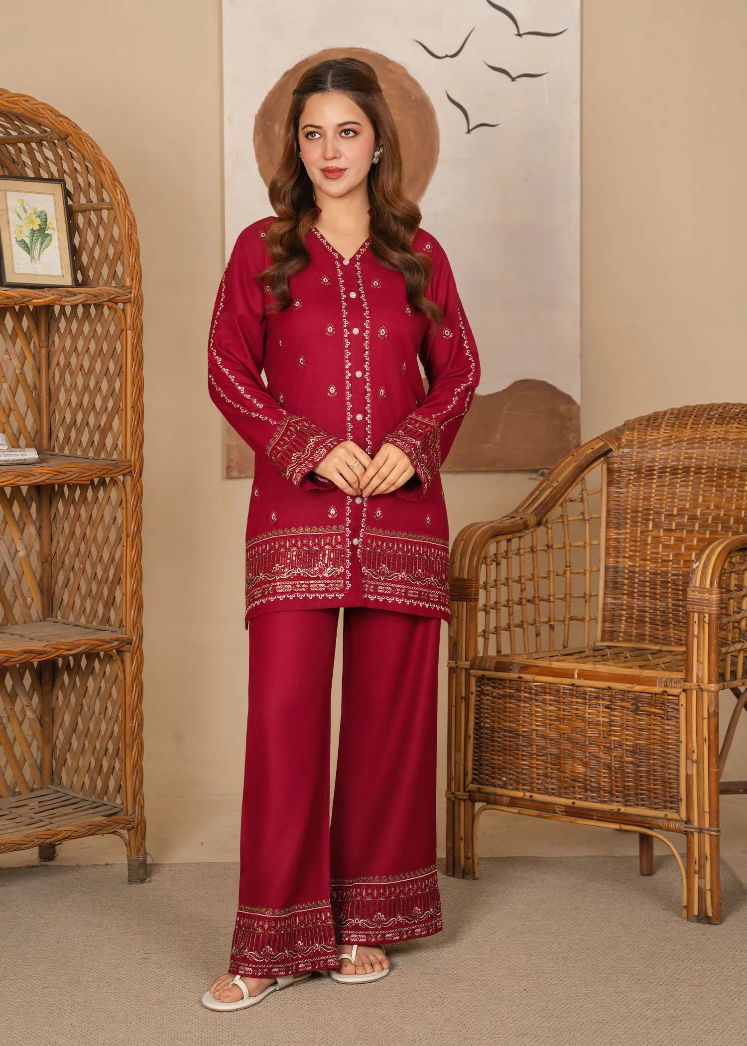 Embroidered Kurta Set in Maroon