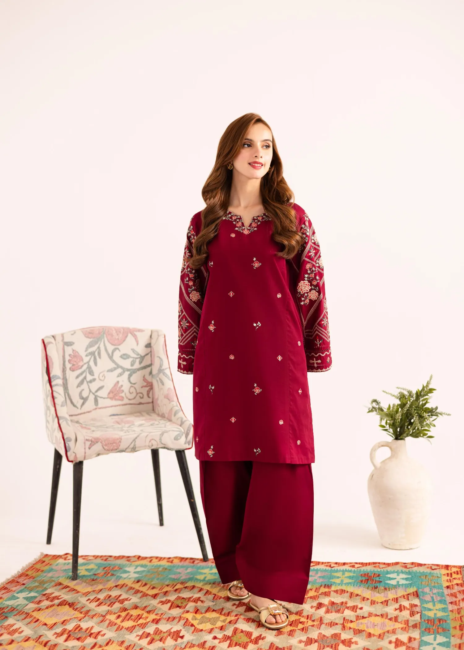 Lawn Kurta Set in Blood Red