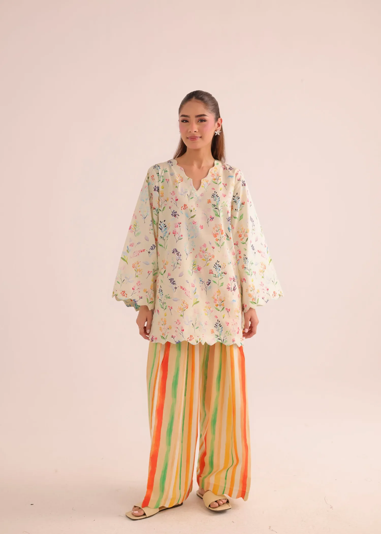 Poly Lawn Kurta Set in Multi