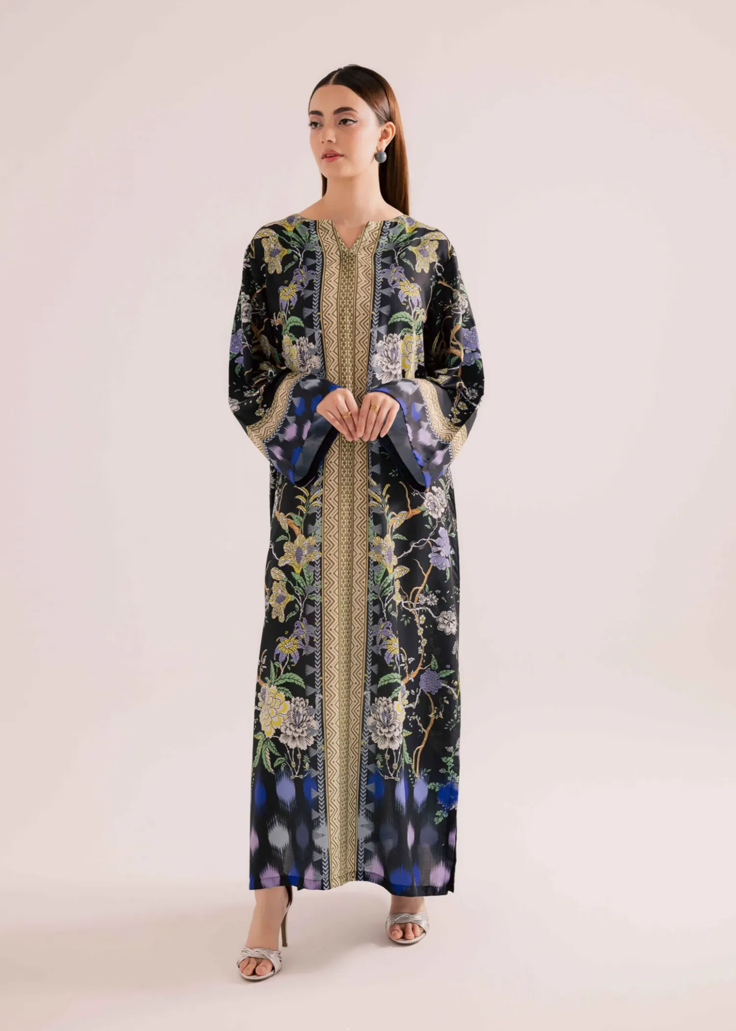 Raw Silk Kaftan in Black