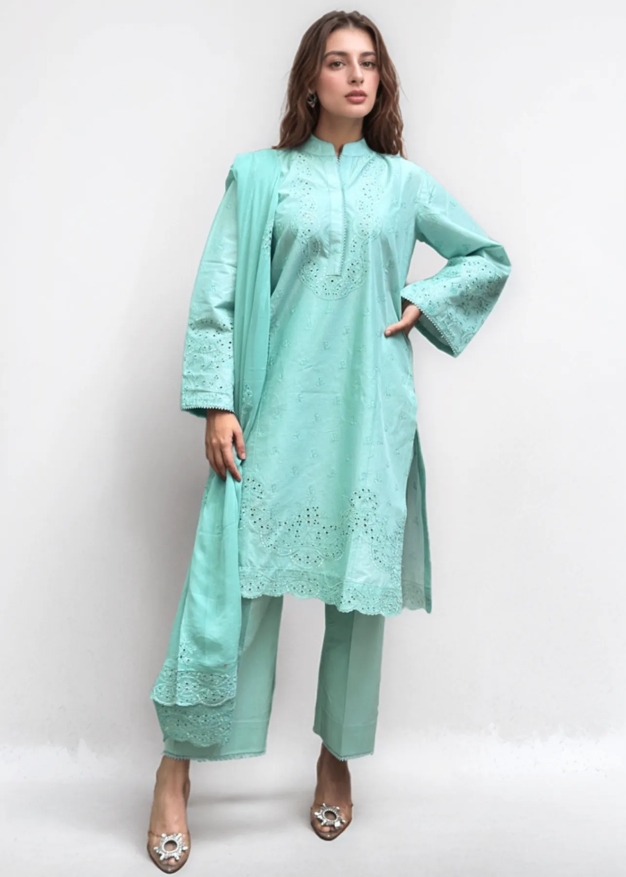 Embroidered Kurta Set in Sea Green