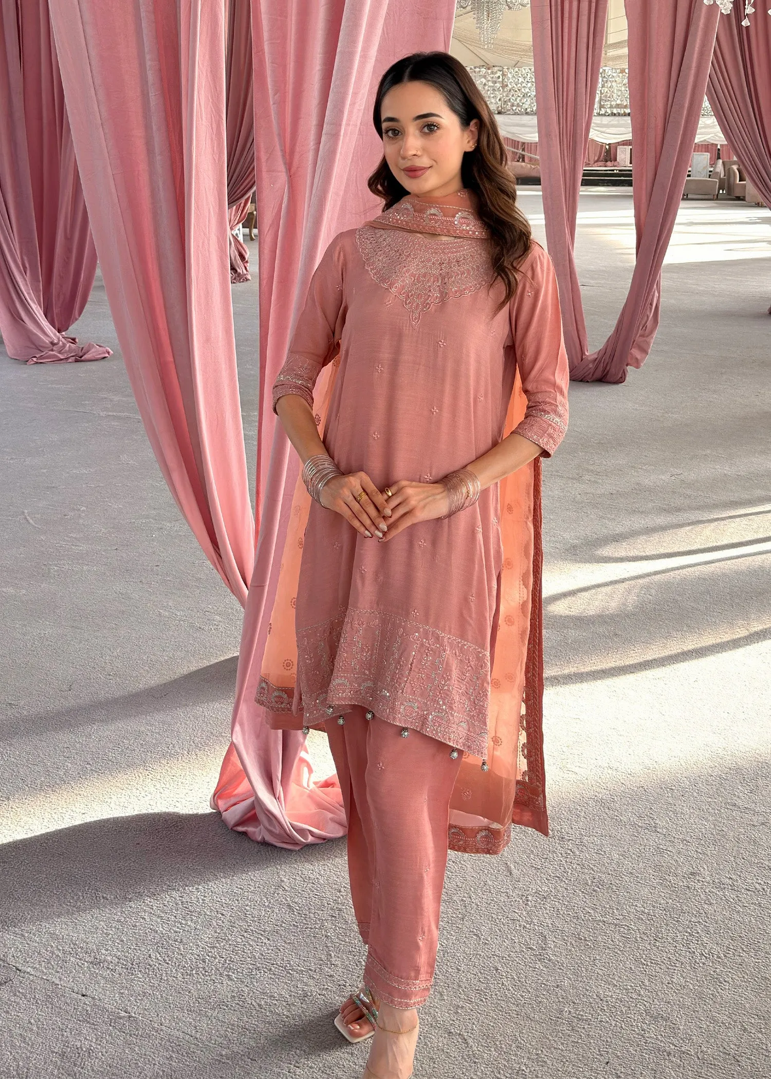 Embroidered Kurta Set in Peach Pink