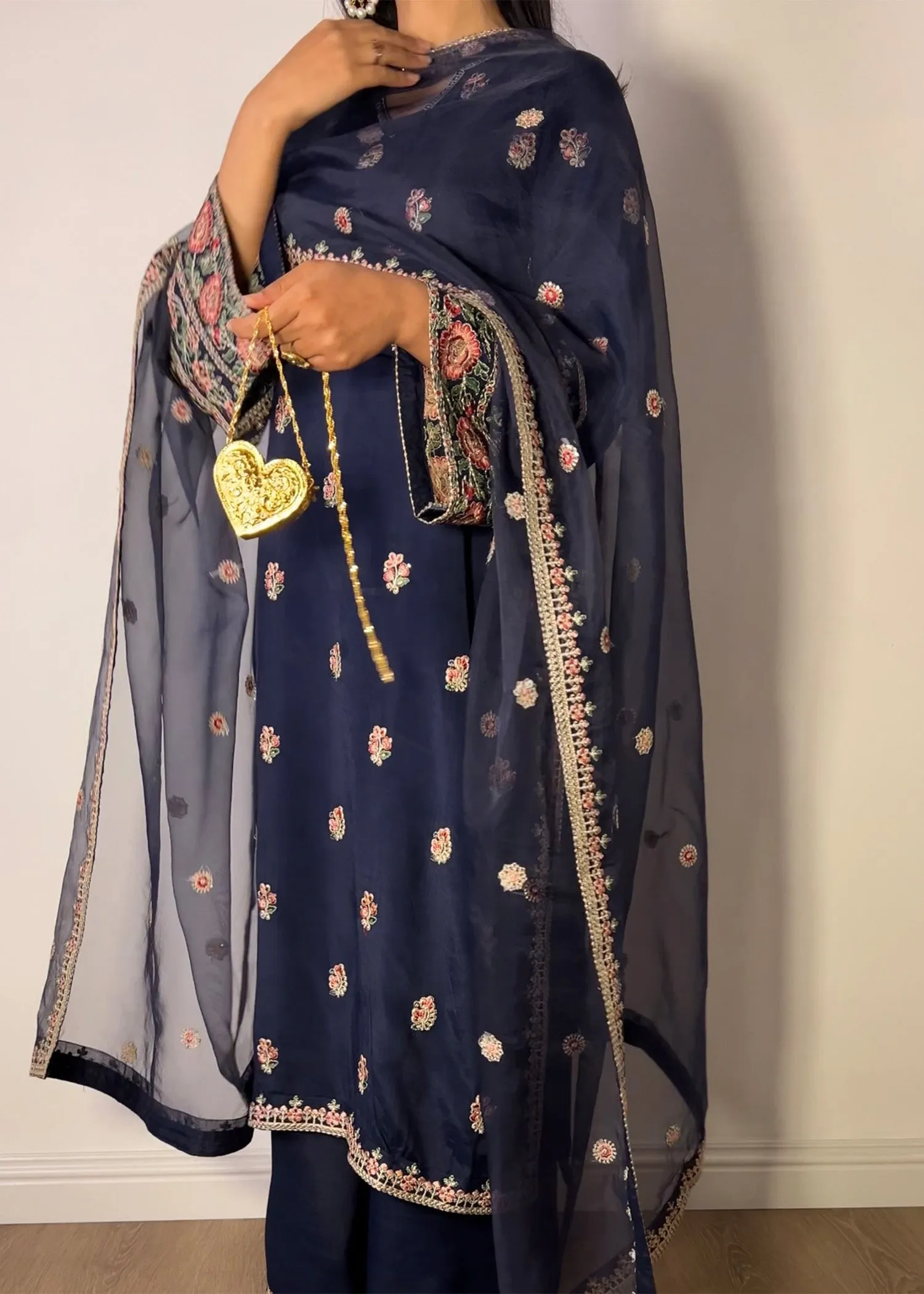 Embroidered Kurta Set in Navy Blue