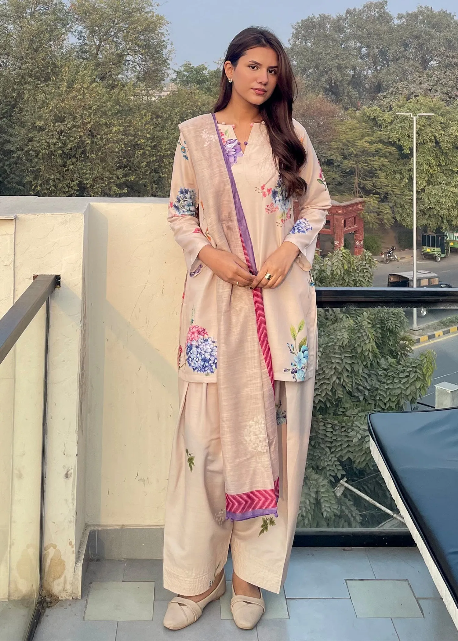Printed Kurta Set in Off-White