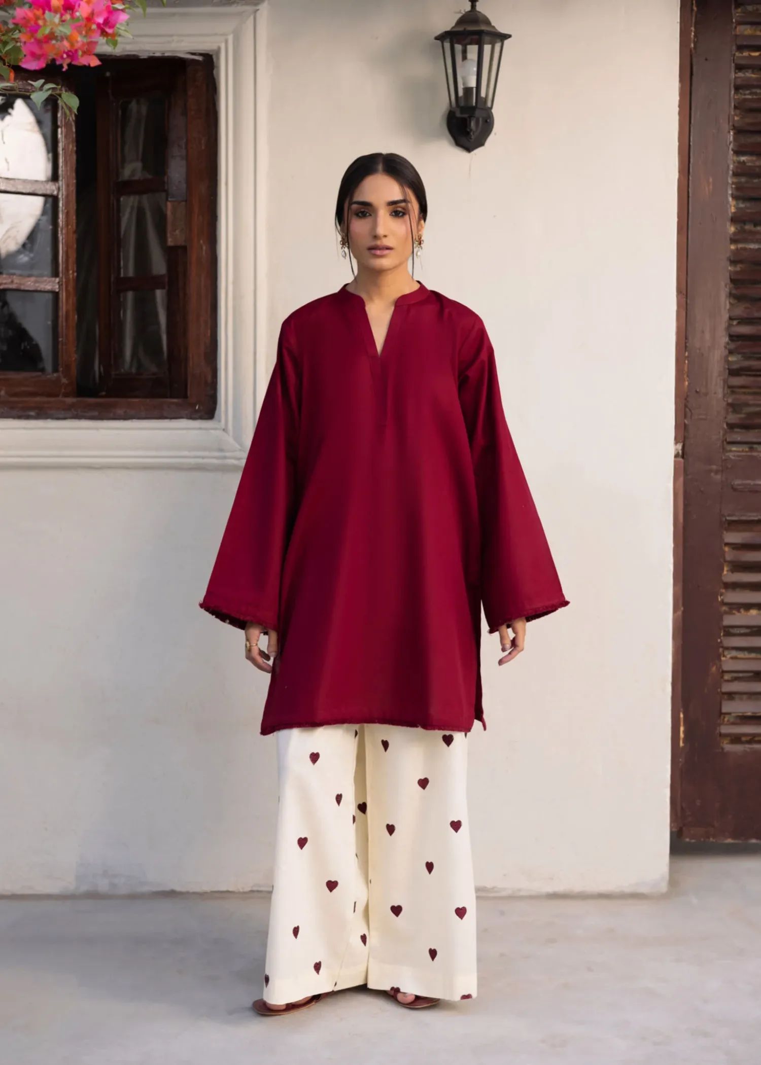 Lawn Kurta Set in Maroon