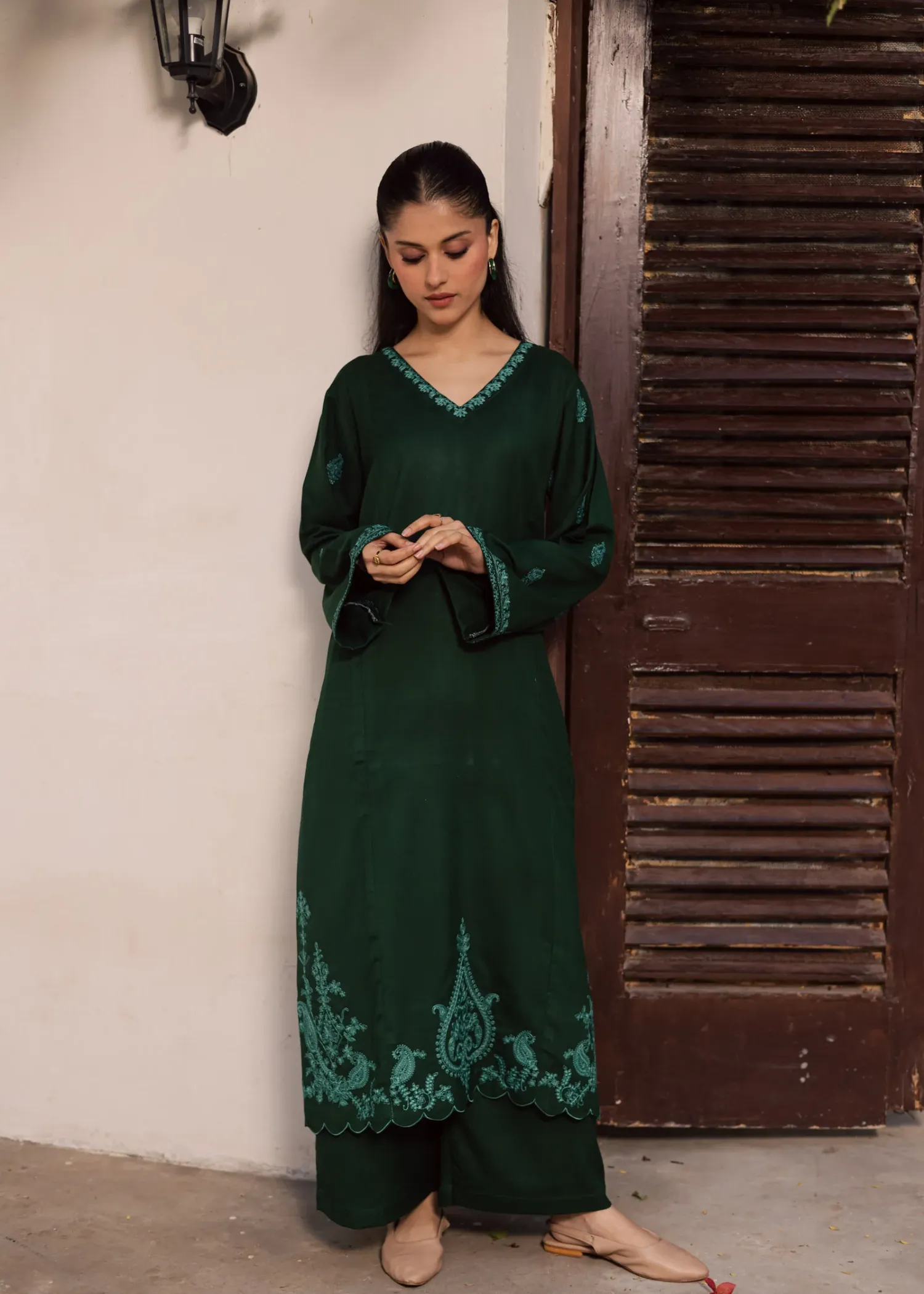 Lawn Kurta Set in Dark Green