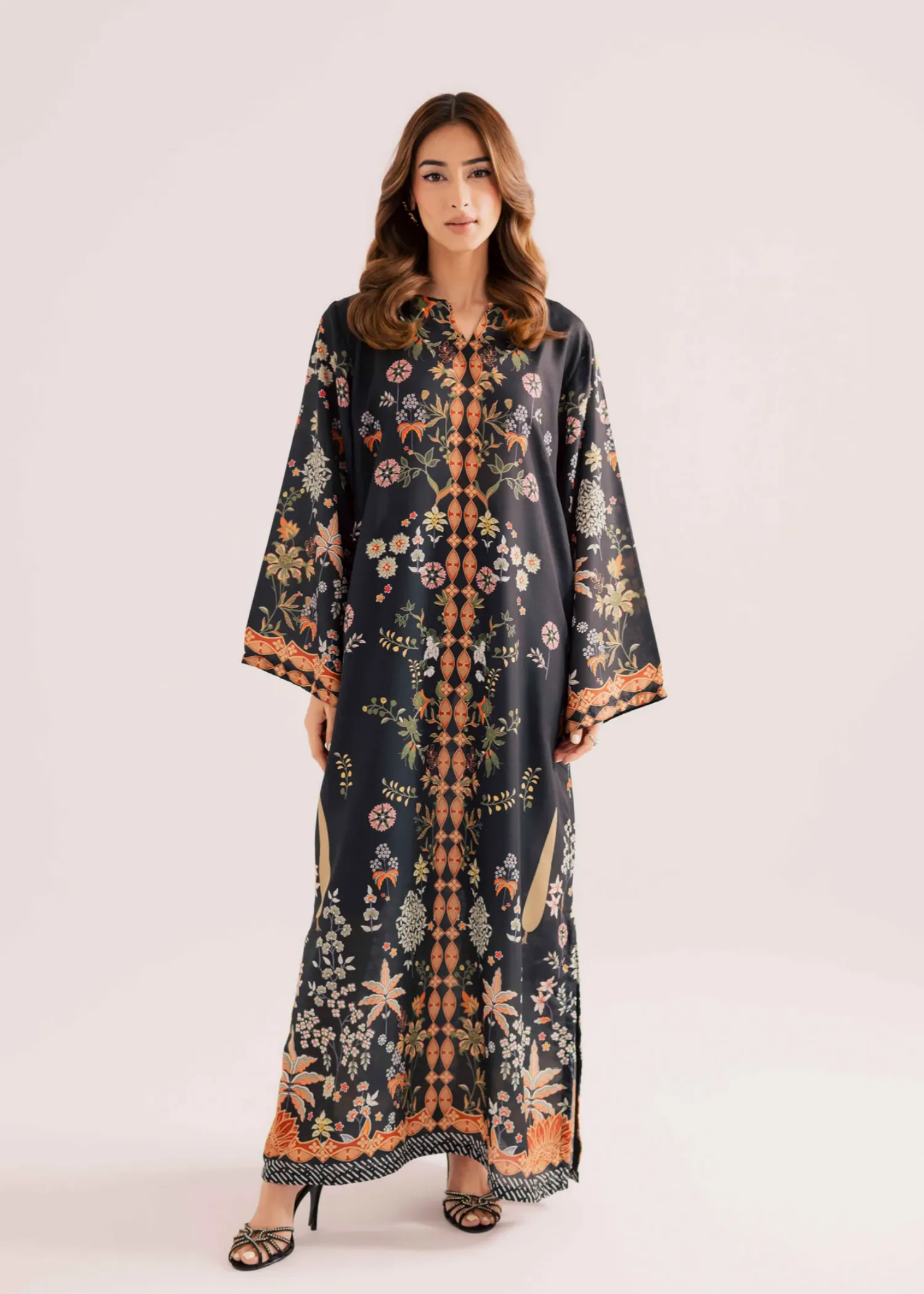 Raw Silk Kaftan in Black
