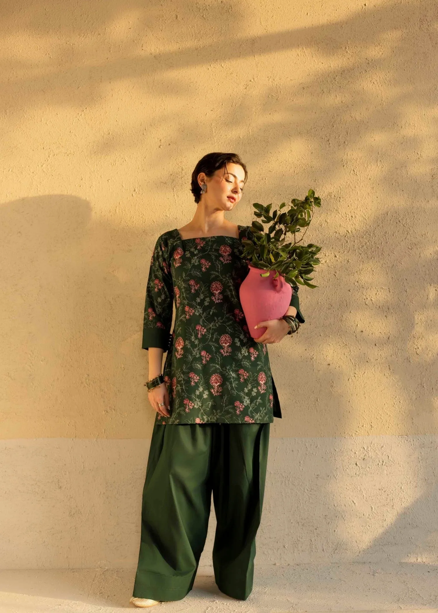 Cambric Cotton Kurta Set in Dark Green