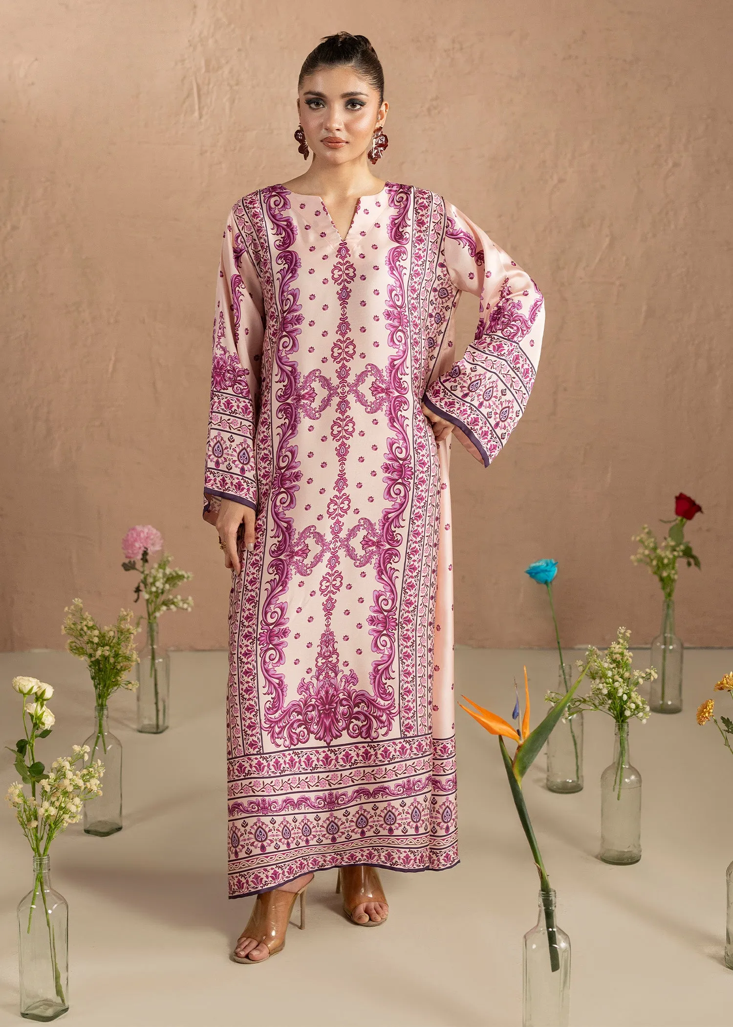 Silk Charmeuse Kaftan in Beige
