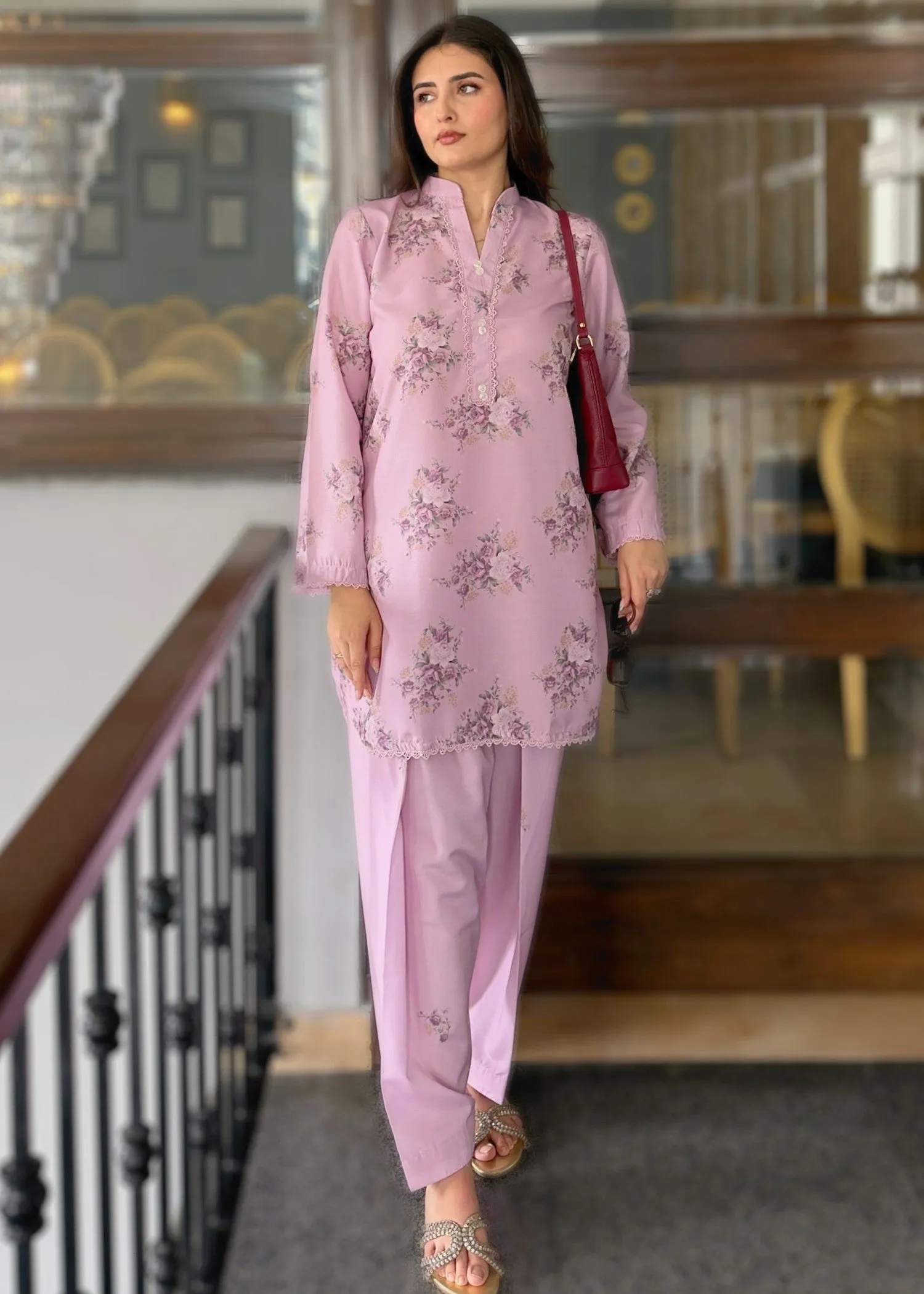 Printed Kurta Set in Mauve Pink