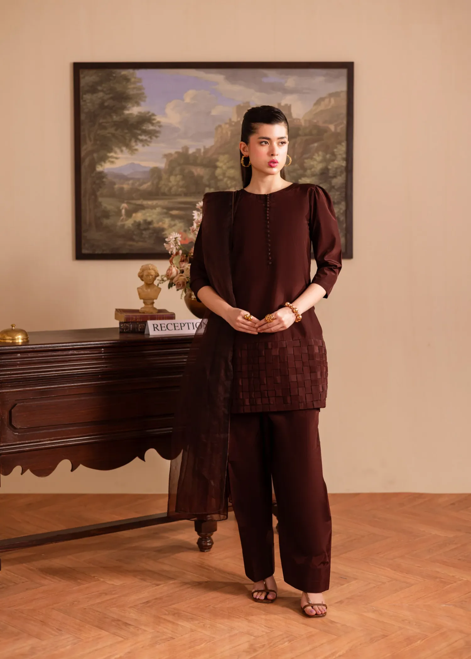 Silk Kurta Set in Brunette Brown