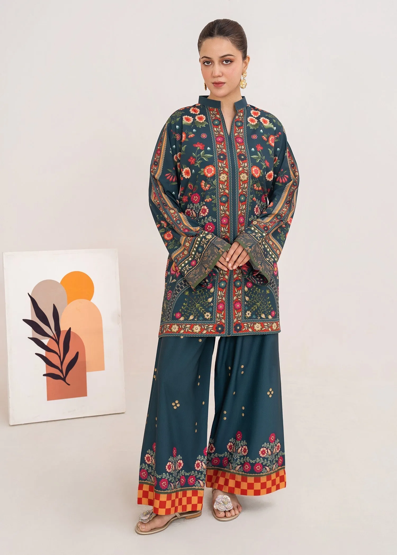 Poly Lawn Kurta Set in Hunter Green