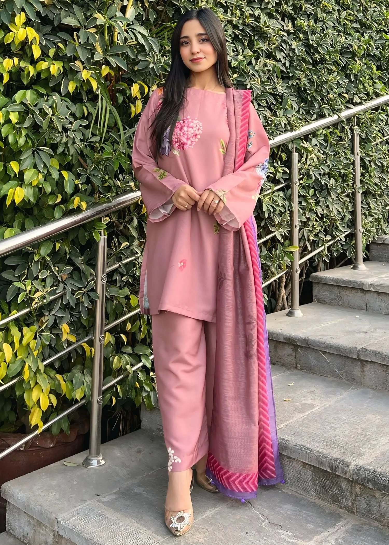 Printed Kurta Set in Tea Rose Pink