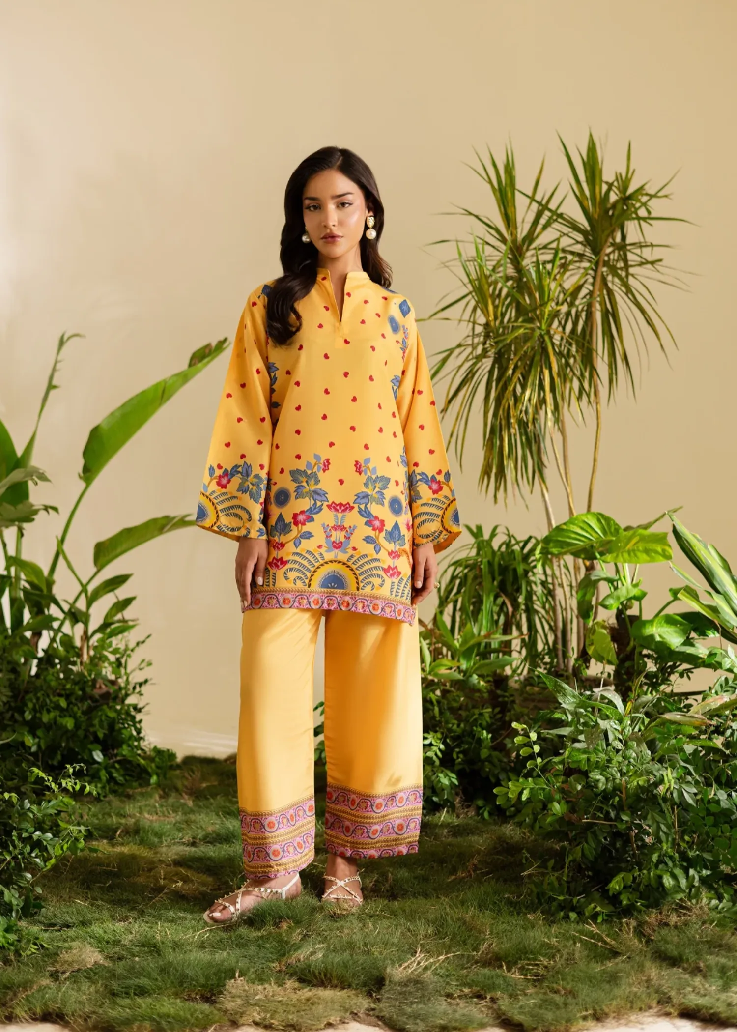 Poly Lawn Kurta Set in Yellow-Orange