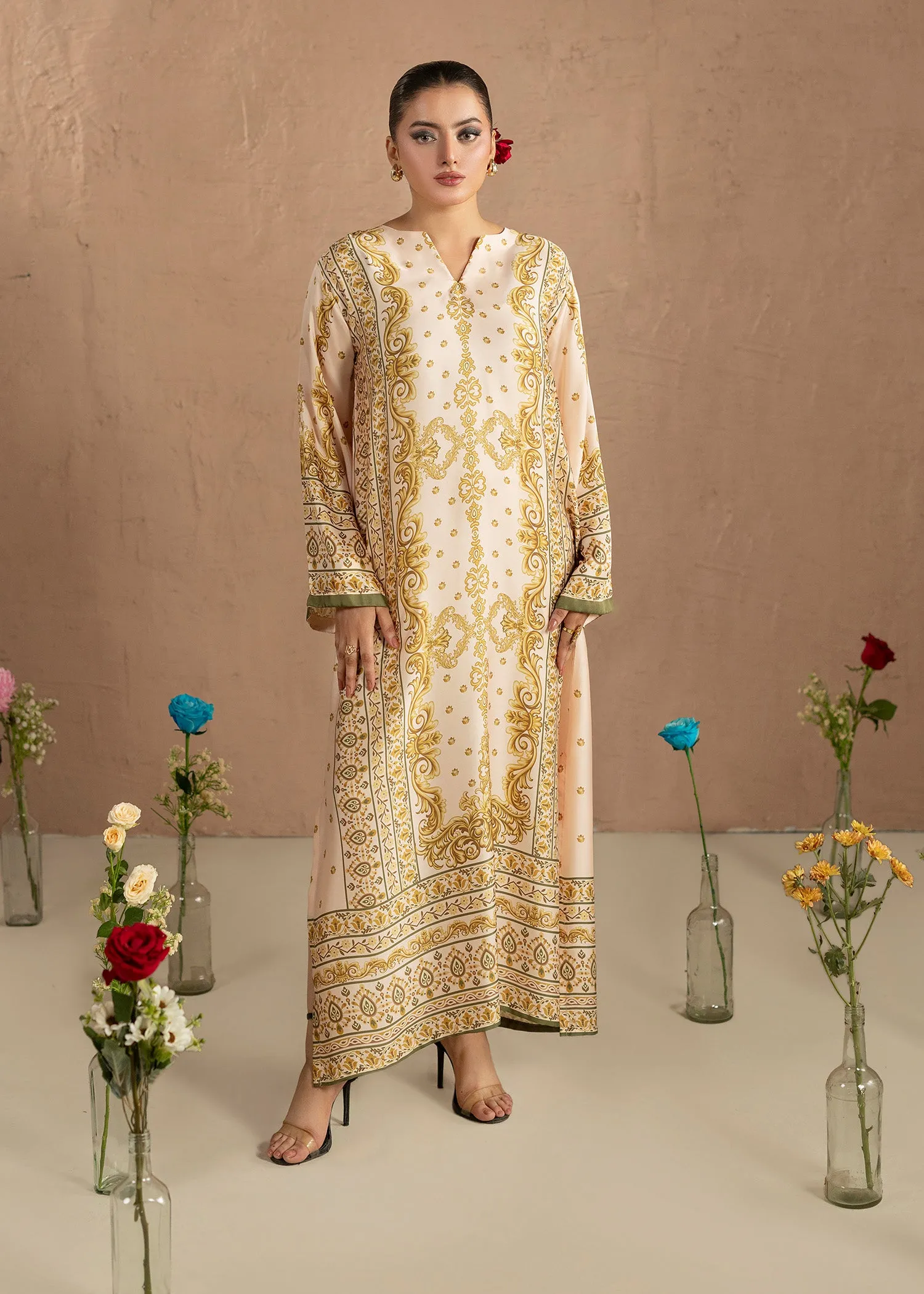 Silk Charmeuse Kaftan in Beige