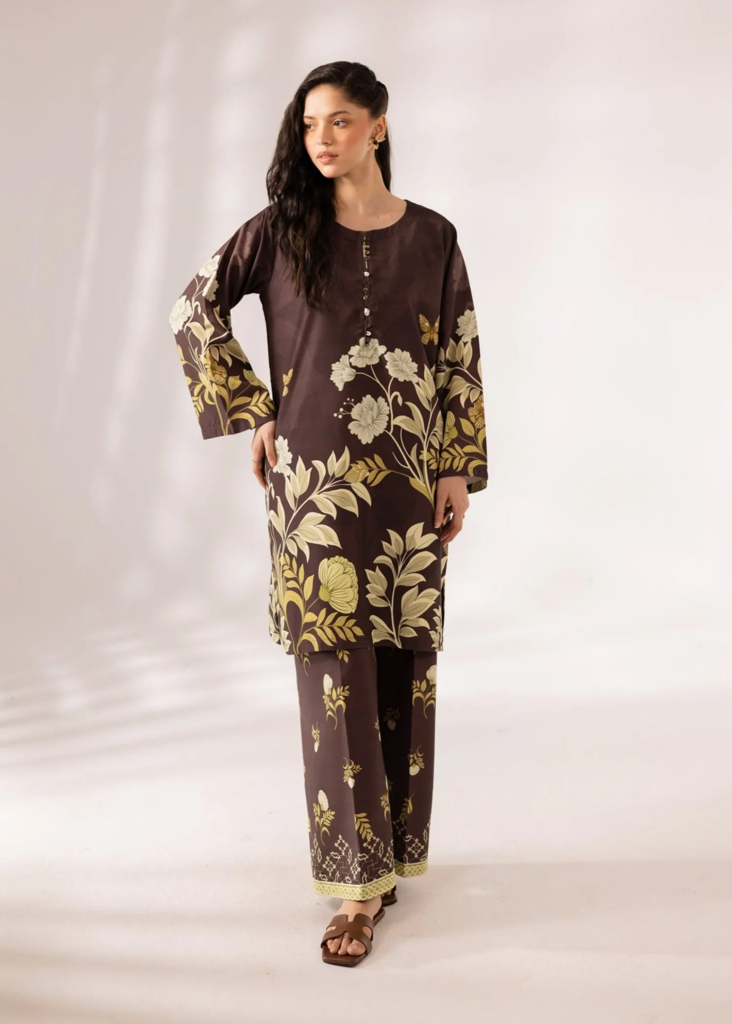 Slub Khaddar Kurta Set in Dark Brown
