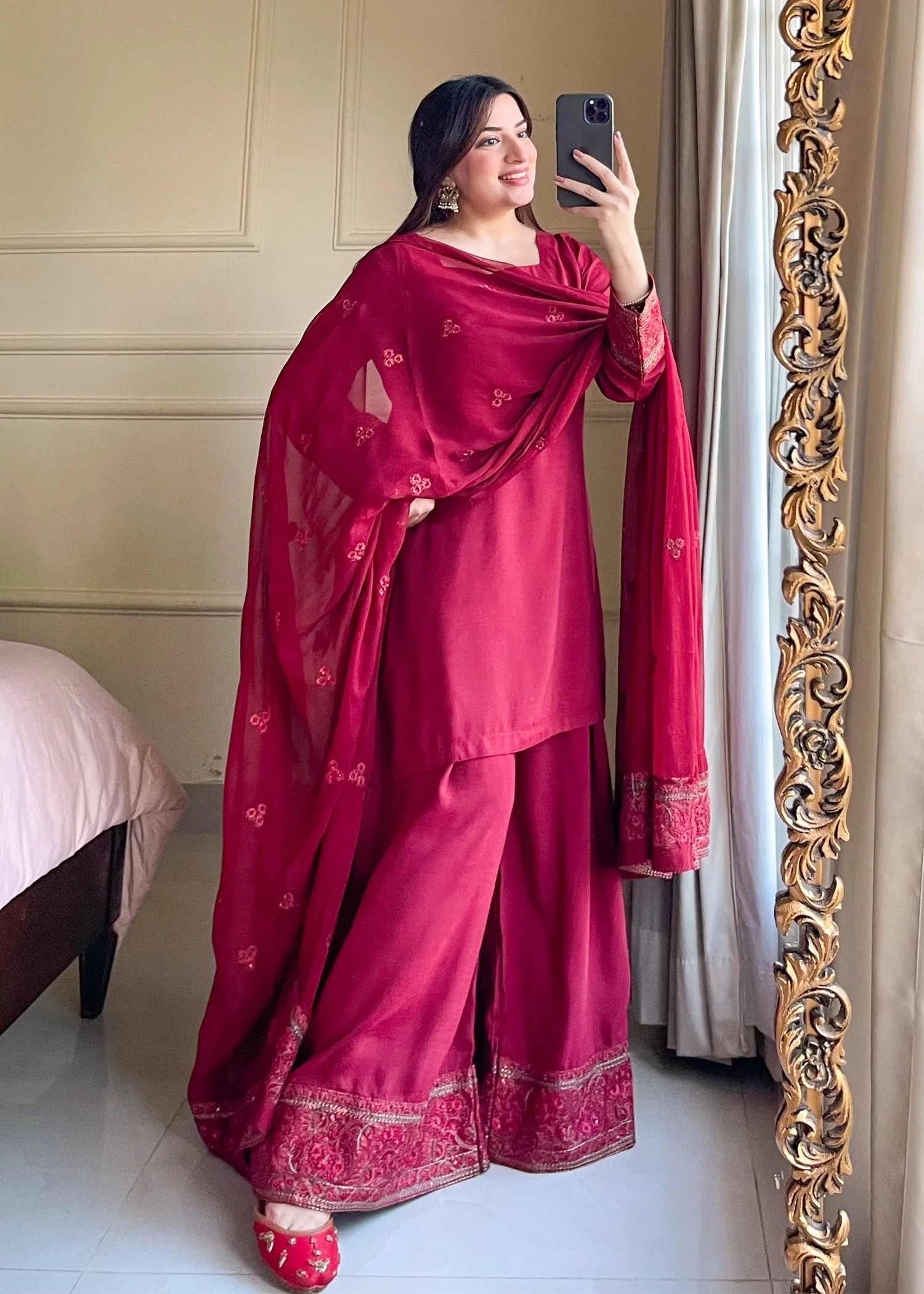 Embroidered Kurta Set in Maroon