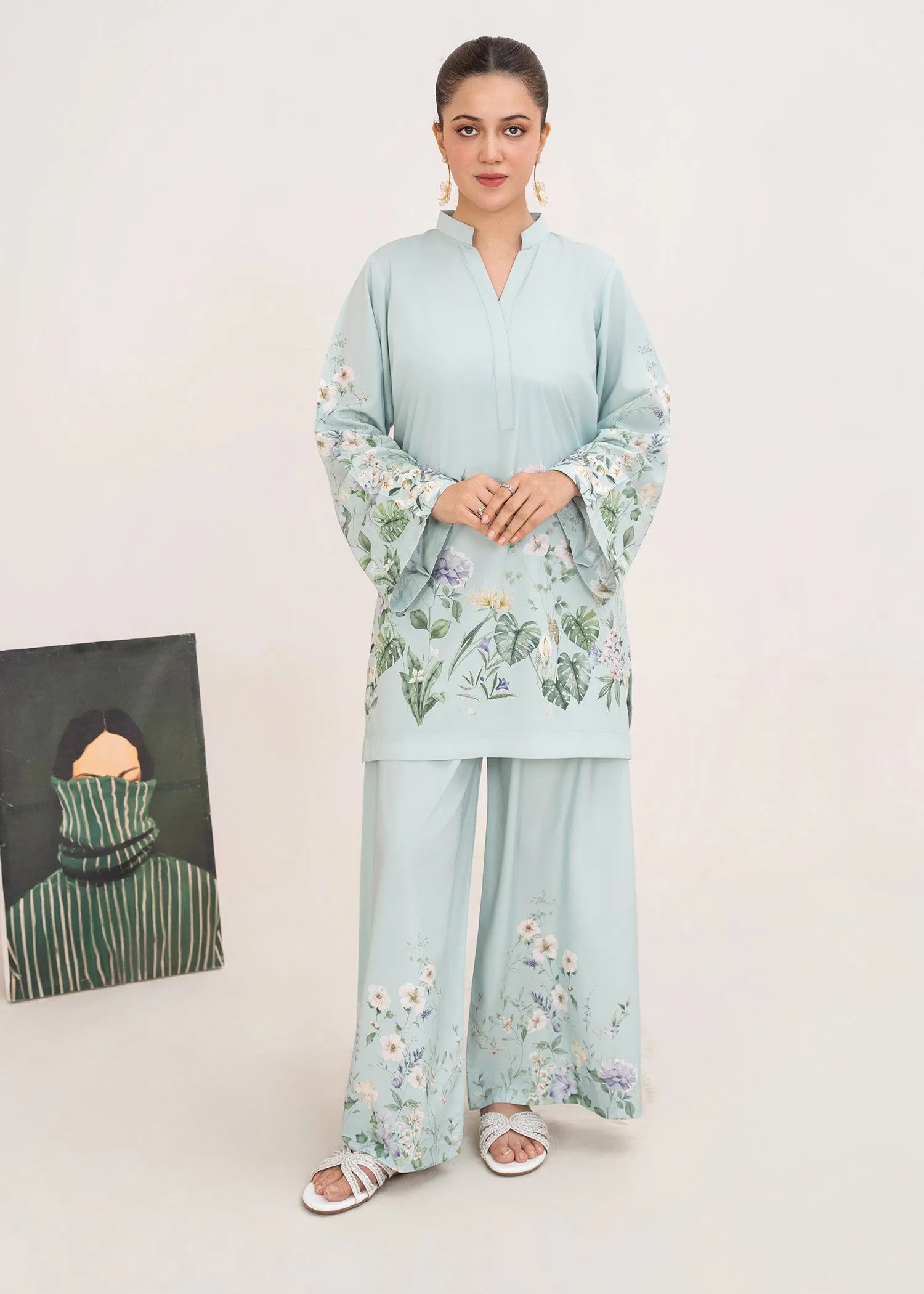 Poly Lawn Co-ord Set in Ice Blue