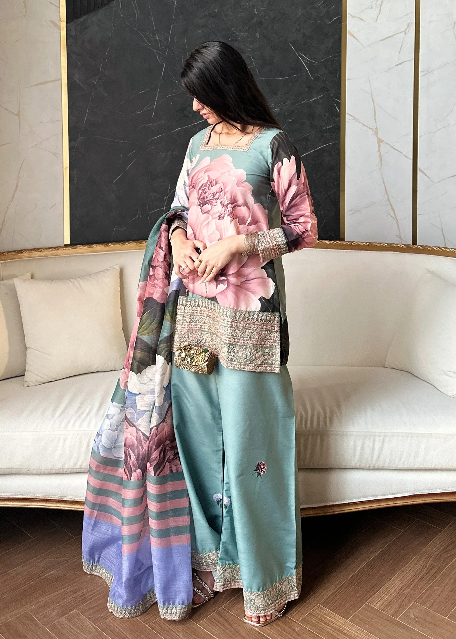 Embroidered Kurta Set in Sage Green